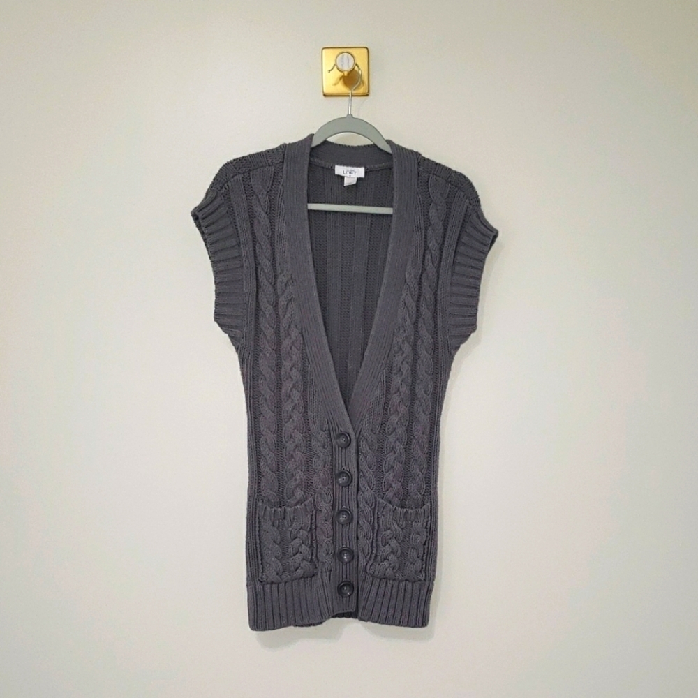 LOFT Women Cable Knit Cardigan Sweater Cap Sleeve Small Gray Pockets Buttons
